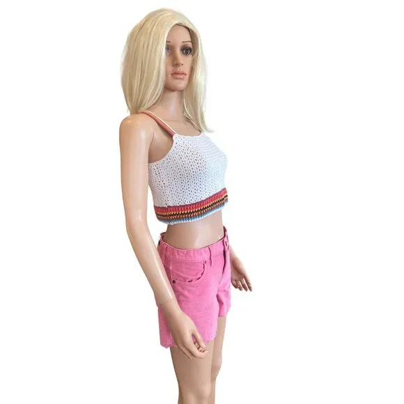 NWT Marine Layer $118 Crochet Crop Top W's XS Caro Tank White Rainbow Trim - Picture 7 of 16